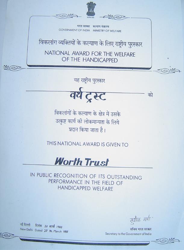 National Award for the Welfare of Handicapped for Training large number of Handicapped – 1988